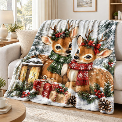 Couverture imprimée avec un adorable motif de rennes et de neige en hiver, jeté décoratif et douillet en peluche pour canapé, lit et salon, couverture polaire douce toutes saisons