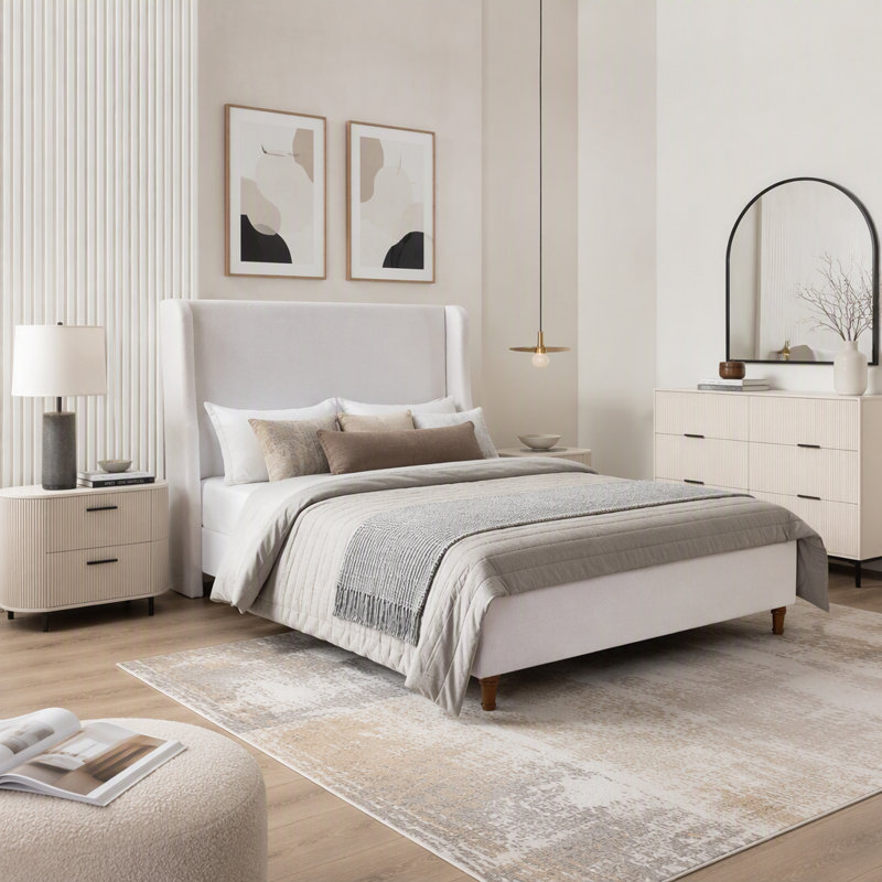 Lit tapissier avec tête de lit haute de 54 po et toile ivoire texturée, King, Ivory+Canvas