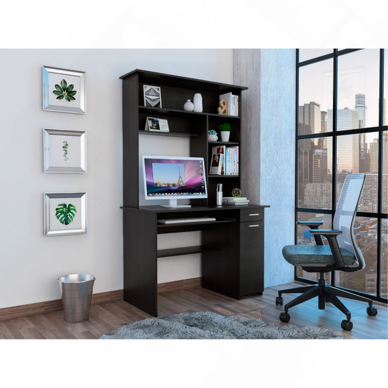 Bureau avec huche, tablettes multiples, plateau à clavier, unité centrale de traitement, tiroir - noir