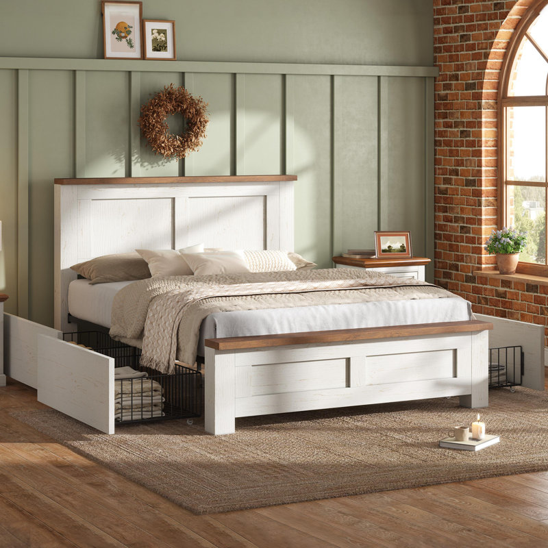 Farmhouse Panel Bed with Side Storage Drawers and Two-Tone Wood Finish, Kingsize (5'), White