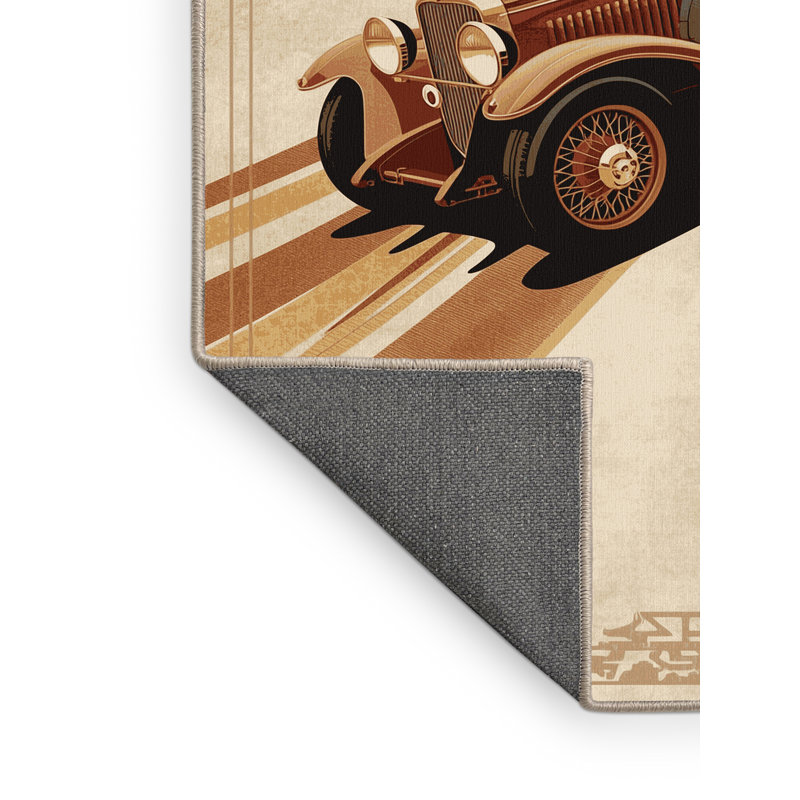 Soft Plush Eddleman Antique Roadster Car Traditional Vintage Look Area Rug in Beige – Beige Binding, 8x10