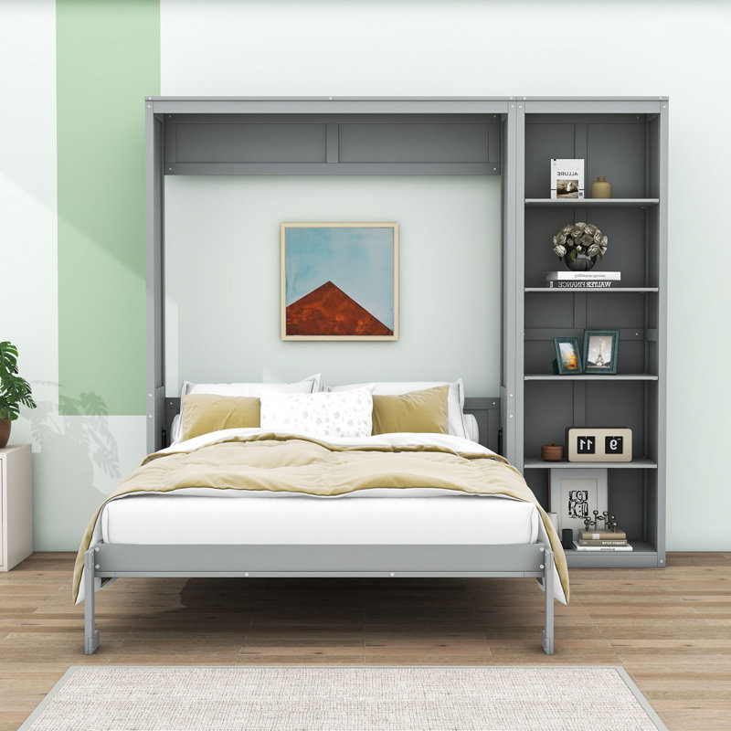 Goudelock Wood Murphy Bed with Shelves and Headboard, Full, Gray
