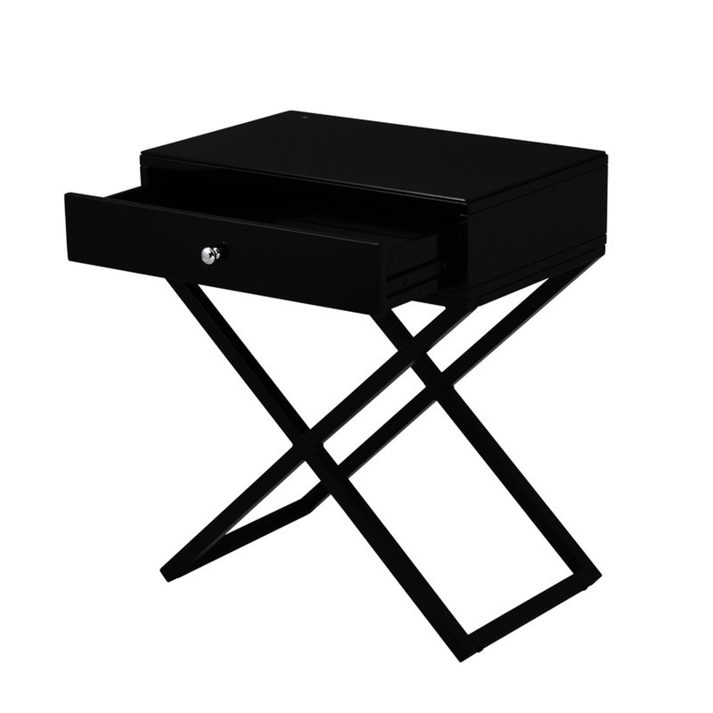 Table d'appoint noire avec plateau en verre de 23 po, base en métal, table de chevet en bois et compartiment secret