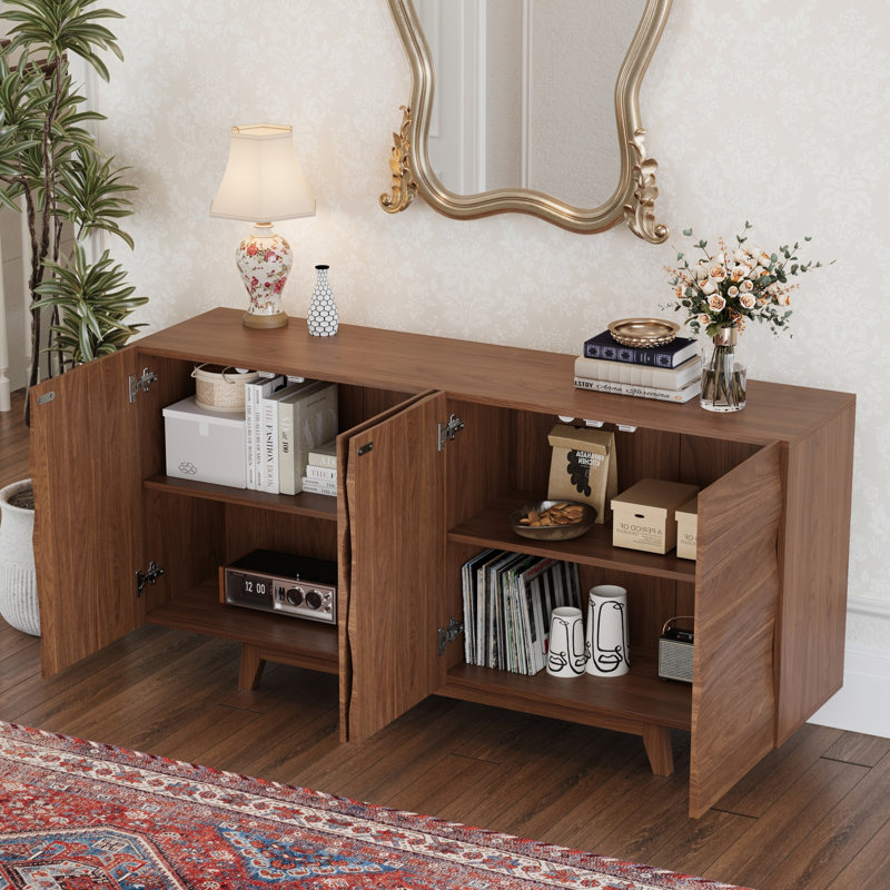 Buffet 63 "à motif de vagues moderne avec 4 portes, tablettes réglables et finition grain de bois noyer