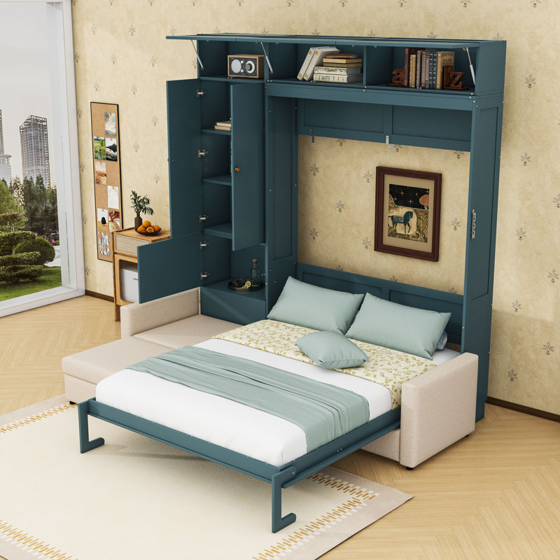 Grand lit escamotable avec canapé en L intégré et tablettes de rangement, Beige