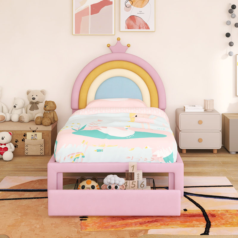 Wood Frame Twin Size Upholstered Rainbow Design Bed With Storage Drawer, Twin
