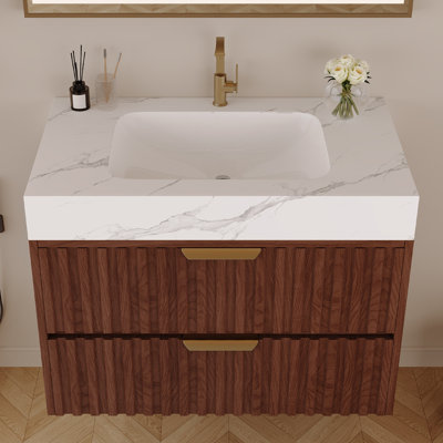 30" Modern Floating Bathroom Vanity with Seamless Sintered Stone Top & Ceramic Basin