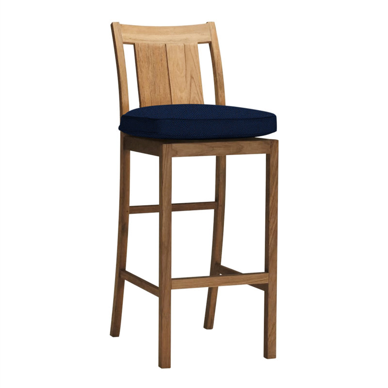 Croquet 24.5" Patio Bar Stool with Cushion, Welt, Natural Teak, Indigo Velvet