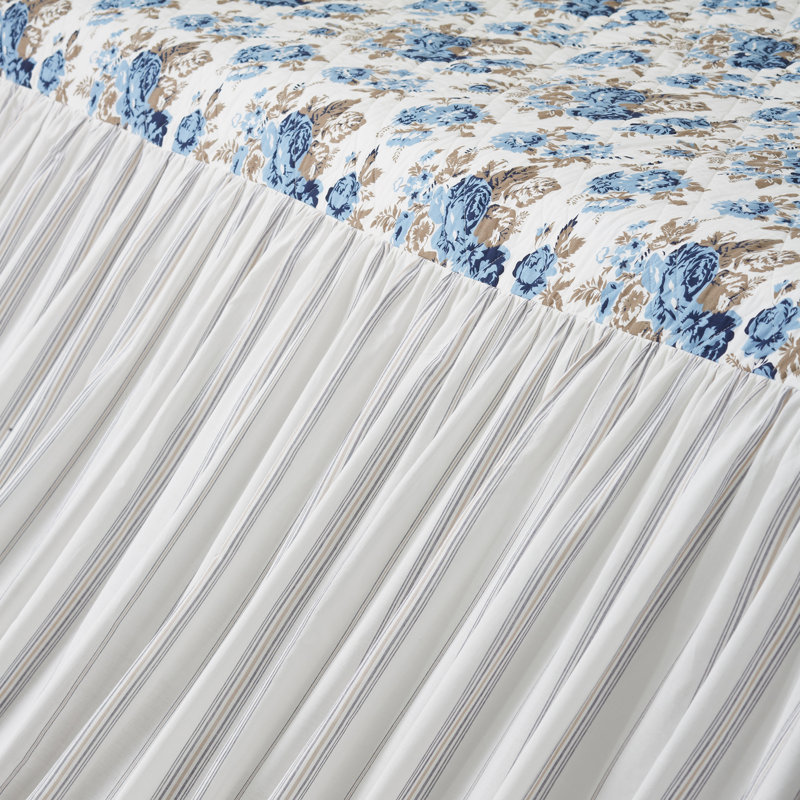 Annie Blue Floral Cotton Queen Quilt with Ruffled Edges