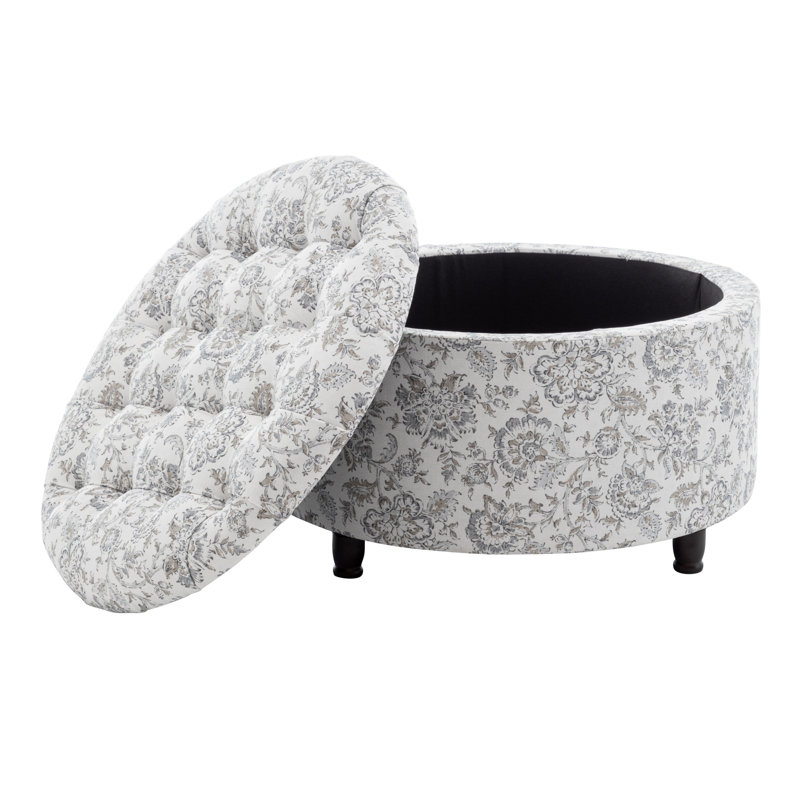 Classic 28-Inch Wide Button Tufted Round Storage Ottoman With Lift-Off Lid, Pebble