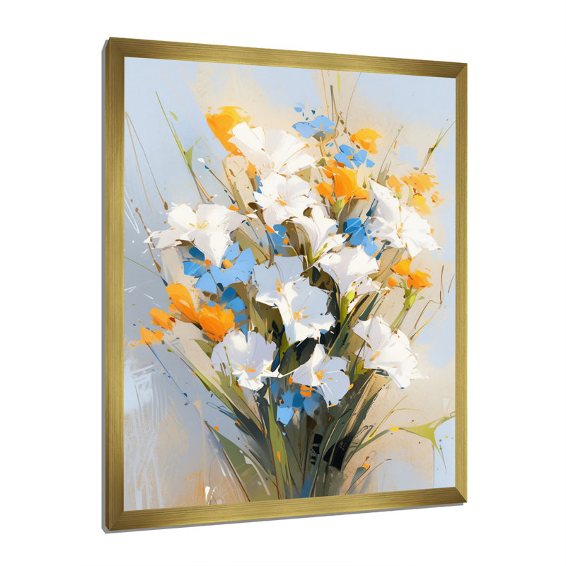Fleurs bleues et blanches sur fond blanc, H 32 po x l 24 po x P 1 po, Cadre doré à une seule photo