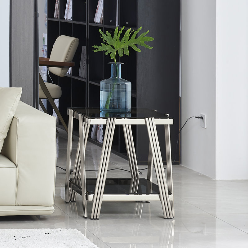 Allyse Glass Top End Table, Silver, Black
