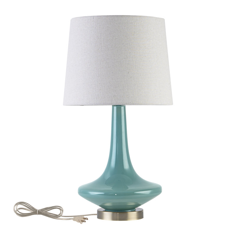 24.25” Modern Vintage Green Glass Table Lamp With Oatmeal Linen Shade, Green