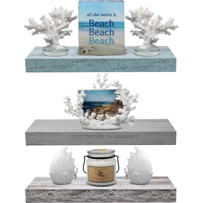 Sorbus 16" Long Floating Shelves with Invisible Mounting Set of 3, Blue/Gray/White