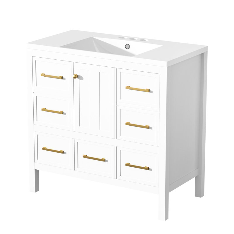 Meuble-lavabo de 36 po avec lavabo en résine - bois massif et 5 tiroirs, Blanc