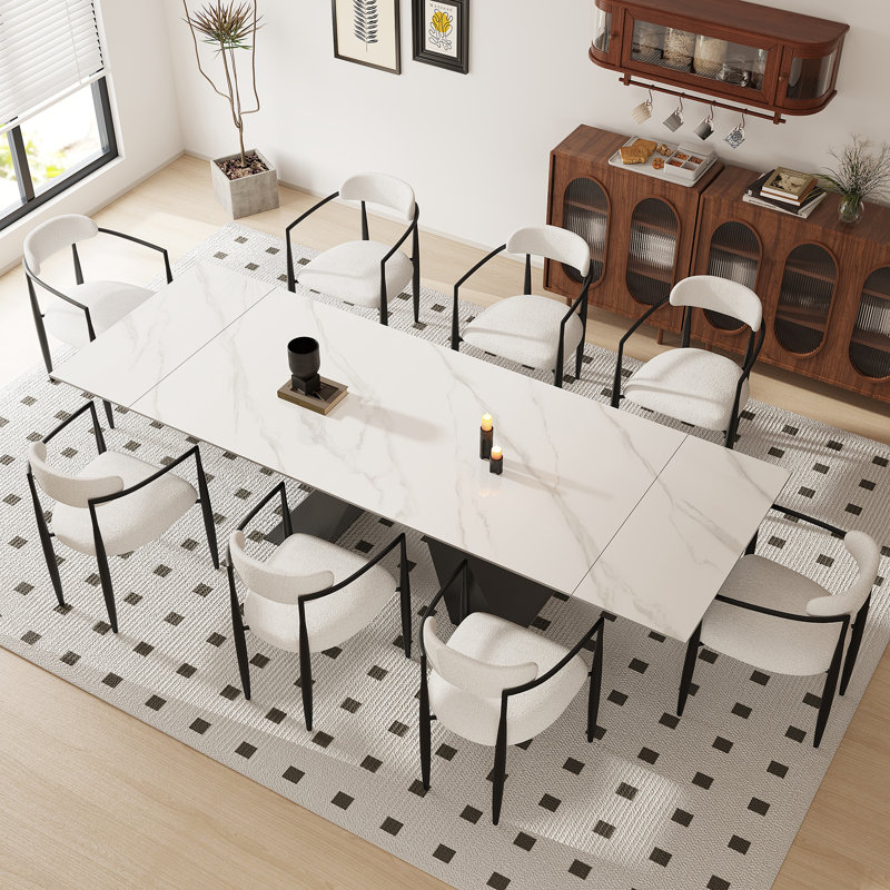 Ensemble de table de salle à manger 9 pièces Recline avec table de salle à manger extensible en pierre frittée de 110,23 po et 8 chaises en tissu