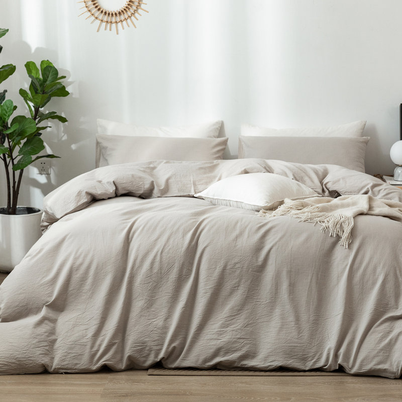 Super King Cream Gray Linen-Like Cotton Duvet Cover Set