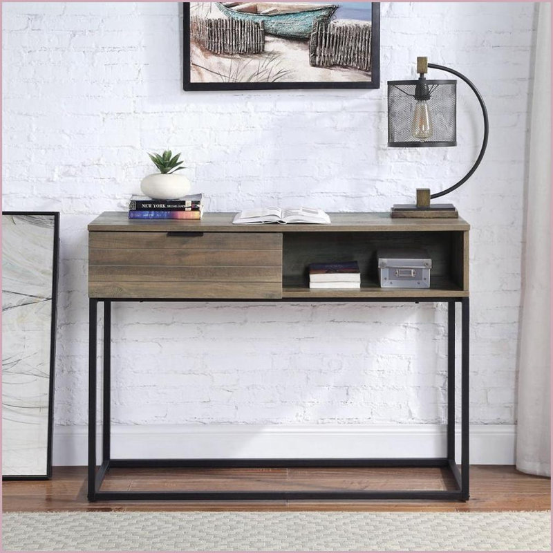 Bureaux en chêne rustique & amp; Bureau d'écriture noir avec tiroir, tablette et amp; Fermeture en douceur | H 30 po x l 42 po x P 14 po | Chêne, panneau de particules et panneau de fibres à densité moyenne