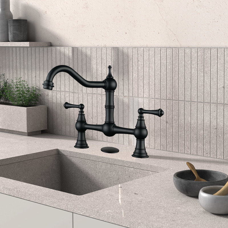 Bridge-Style Kitchen Faucet, 2 Or 3 Hole Bridge Faucet, 2 Handle Kitchen Sink Faucet 360° Rotating Faucet, Black
