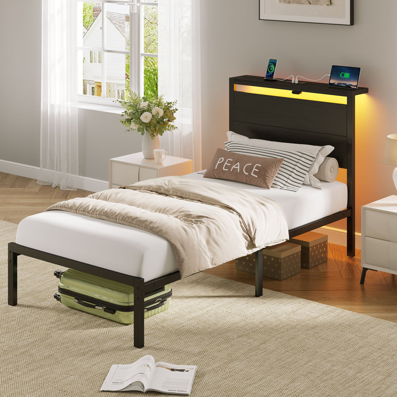 Bed Frame with Headboard, Metal Platform bed with LED Lights, Power Outlets & Under-Bed Storage, Twin, Wood, Dark Black