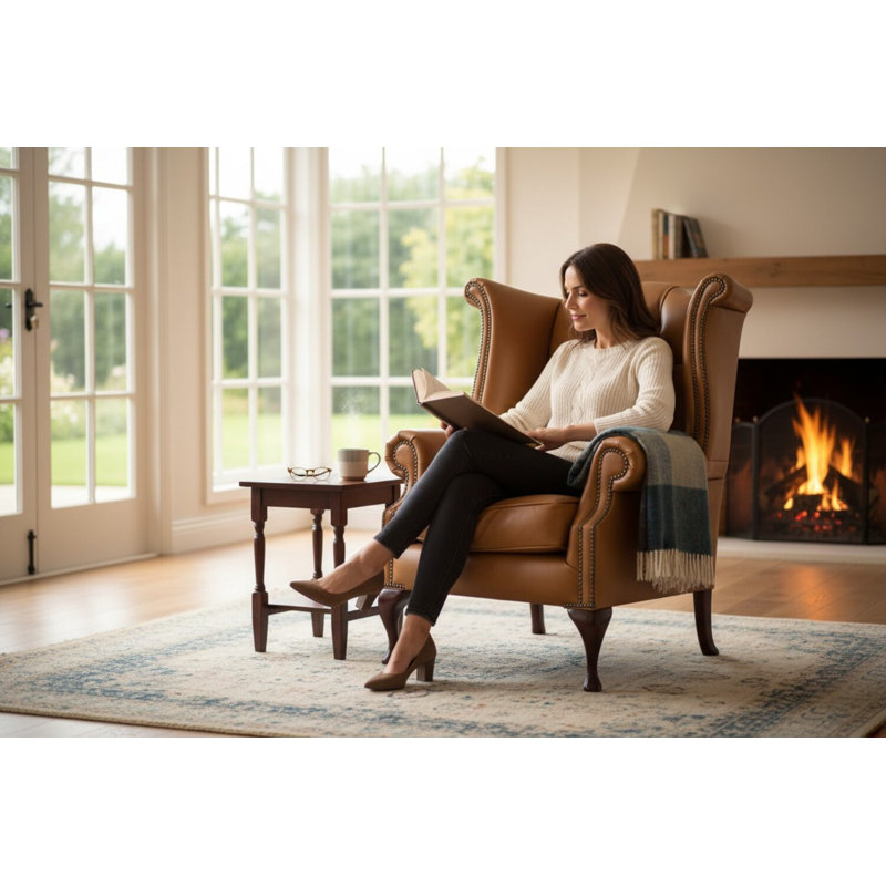 Upholstered Full Grain Leather Wingback Chair