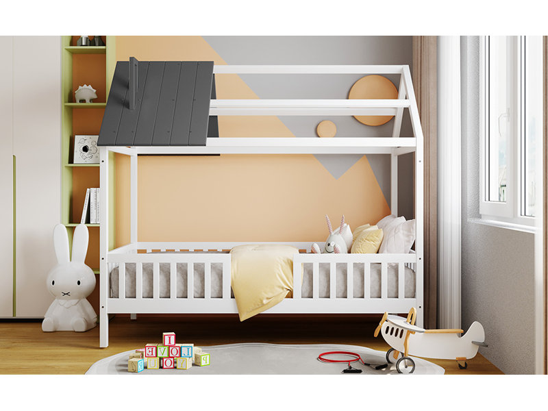 Lit simple en bois avec clôture, blanc et gris