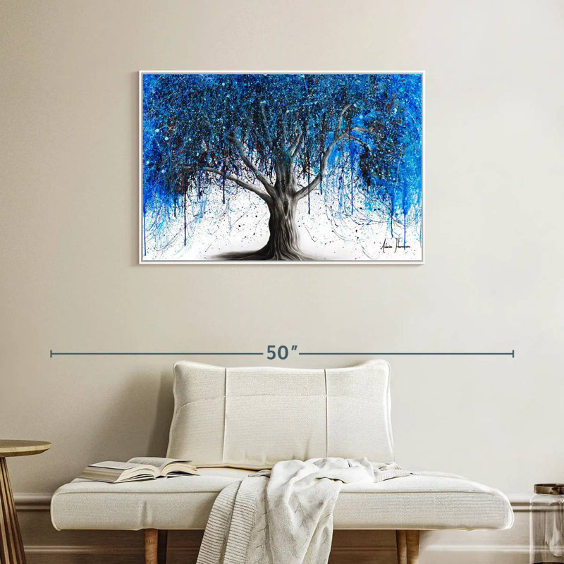 Arbre bleu au clair de lune, Cadre flottant blanc, 37 po x 25 po