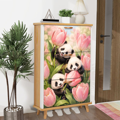 Armoire de rangement pour chaussures avec 3 tiroirs rabattables pour adorables bébés pandas jouant parmi des tulipes roses