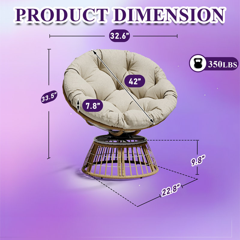 Fauteuil Papasan surdimensionné de 107 cm (42 po), fauteuil de lecture rond pivotant à 360° en osier avec coussin épais, fauteuil de détente ergonomique supportant jusqu'à 159 kg (350 lb) pour terrasse intérieure/extérieure, salon, chambre à coucher