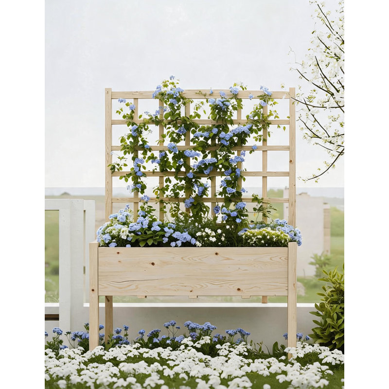 65 Inch Tall Wooden Raised Garden Bed with Trellis and Stand Elevated Planter Box with Liner for Outdoor Patio Balcony Backyard Perfect for Climbing Plants Vegetables Herbs Flowers