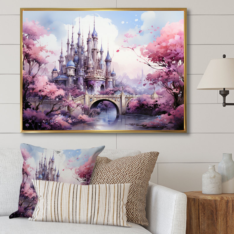 Pink Bridge Enchanted Crossing II - Architecture Canvas Art Print, H 12 po x l 20 po x P 1 po, Cadre flottant doré