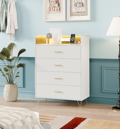 Grande commode à 4 tiroirs avec lumières RVB et station de charge, commode à musique contrôlée par application, Blanc