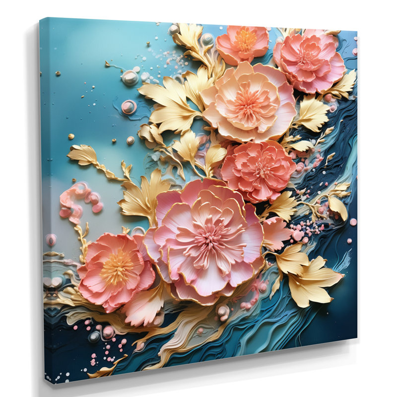 Vague en fleurs roses et dorées - décoration murale art floral moderne, Toile tendue, H 16 po x l 16 po x P 1 po