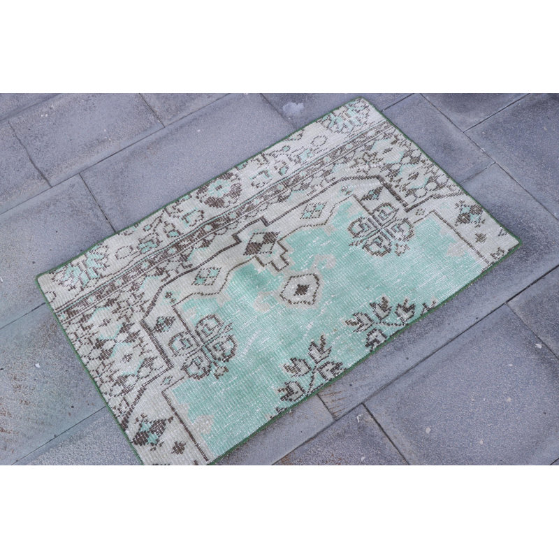Handmade Vintage Turkish Small Green Wool Rug with Tassels - Ideal Antique Door Mat for Entryway