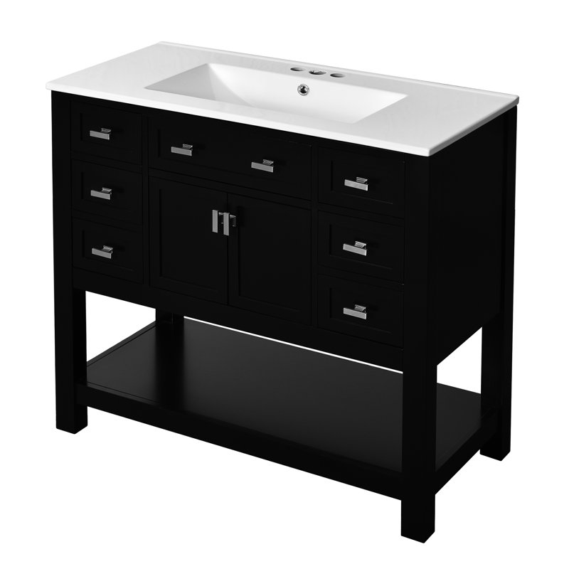 Meuble-lavabo 36 po avec lavabo en céramique, 6 tiroirs, 2 portes, noir, lavabo encastré, 36 po, fermeture à la mode tendance et fonctionnelle