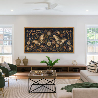 Symmetrical butterflies among dark flora Framed Wall Art, Ready to Hang, 60 x 30 Inches
