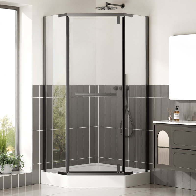 Neo-angle Shower Door 36" D X 36" W X 72" H, Corner Shower Enclosure With 1/4" (6mm) Clear Tempered Glass with Explosion-Proof Film Pivot Shower Doors Matte Black