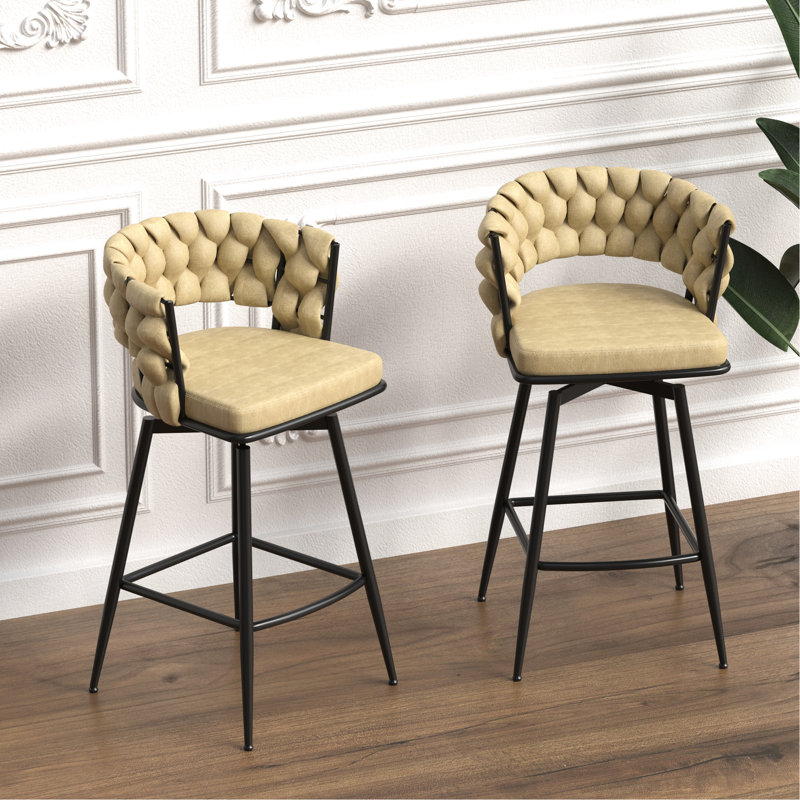 De 2 tabourets de bar - brun. Cuir technique, pivotant à 360 °, base, rembourré pour îlot de cuisine, café, restaurant et tabouret tissé de 28 po (2 pièces)
