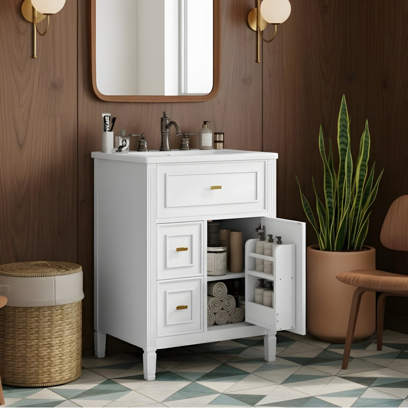 Meuble-lavabo autoportant de 24 po avec tiroir rabattable, deux tiroirs standard et tablettes réglables, Blanc, 24"