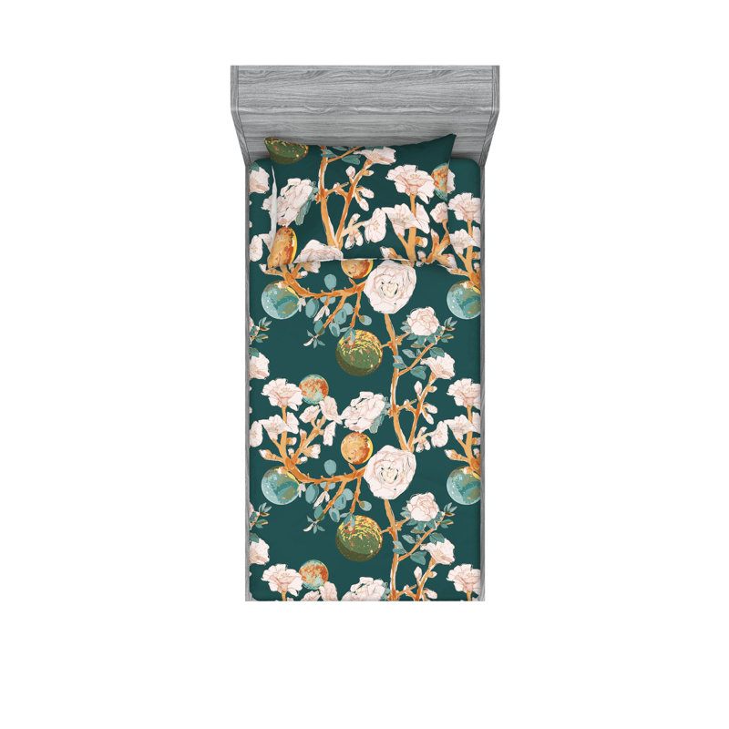 Drap-housse et taies décoratives 3 pièces Ambesonne, Bleu sarcelle foncé, rose pâle / floral