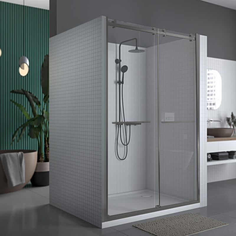 56" - 60" W 74” H Double Sliding Frameless Shower Door with Fixed Glass Panel, Nickel