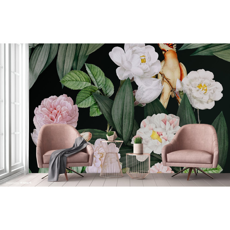 Papier peint exotique fleurs nuit jardin oiseau tropical, L 110,04 po x l 122 po, Vert