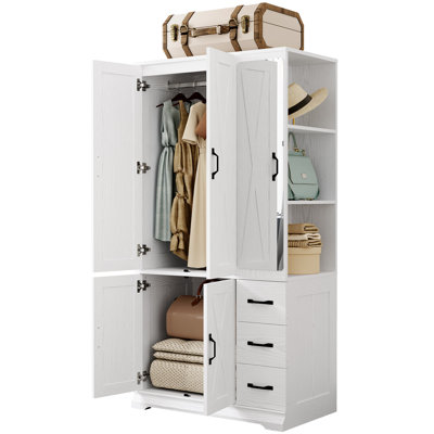 71" Tall Armoire Wardrobe Closet With Mirror, 4 Doors, 3 Drawers And Shelves, Freestanding Storage Closet With Hanging Rods For Bedroom, White by Gracie Oaks
