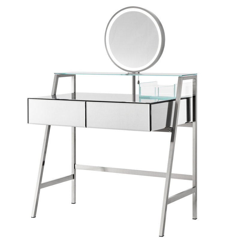 Table de coiffeuse à miroir argenté avec lumières DEL et miroir, 2 tiroirs spacieux, tablette ouverte, point de charge de la chambre à coucher, lumières de bureau de maquillage 33,9 po, station pour grands tiroirs