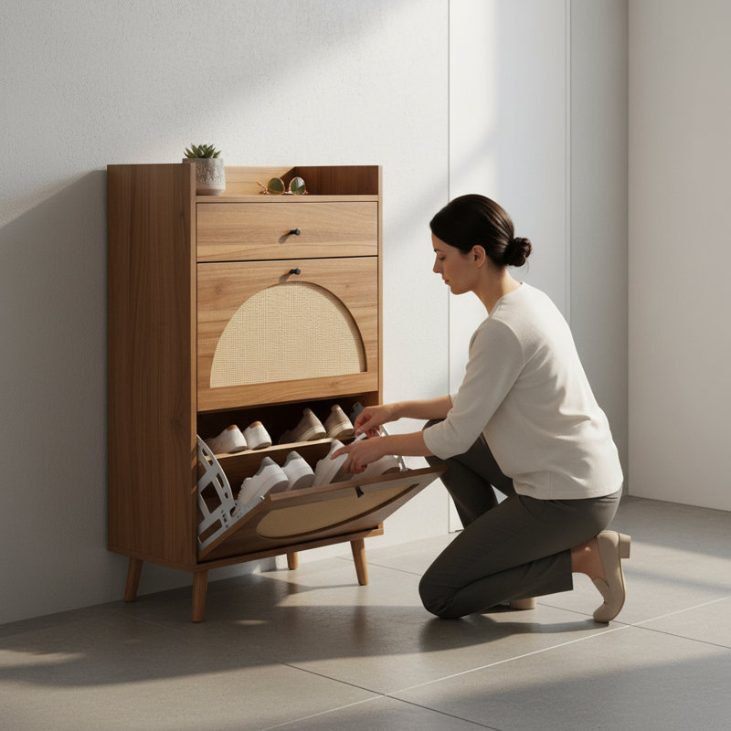 Armoire à chaussures à 2 portes et 1 tiroir Allen, organisateur de rangement à double couche pour vestibule ou couloir