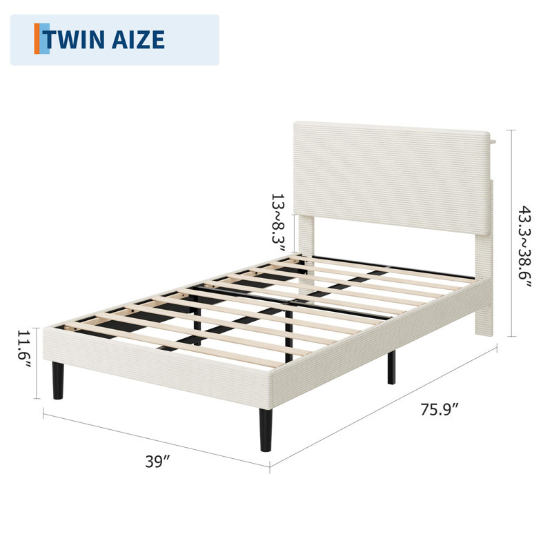 Structure de lit simple en velours côtelé avec base de charge USB et tête de rangement réglable, support de lattes en bois, aucun sommier nécessaire, beige