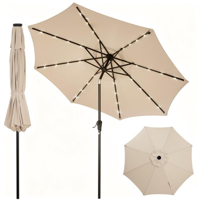 Parasol de marché solaire à DEL 10 pi avec 32 lumières - parasol de marché extérieur résistant aux rayons UV et à l'eau - inclinaison et manivelle faciles, 8 nervures en fer robustes - brun