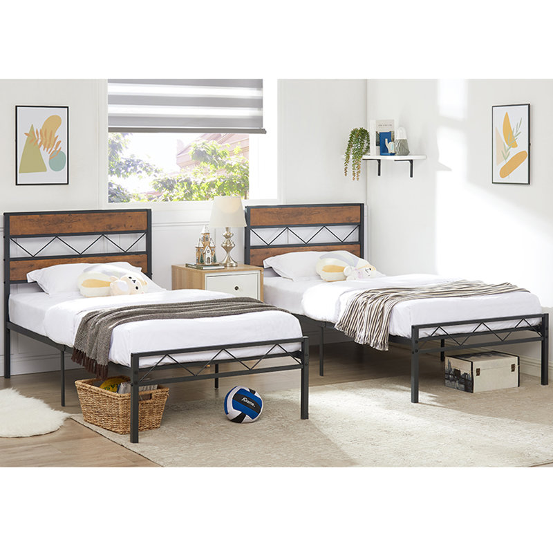 Abere (Set of 2) Twin Size Metal Platform Bed with Rustic Wood Headboard, No Box Spring Needed, Brown/Black