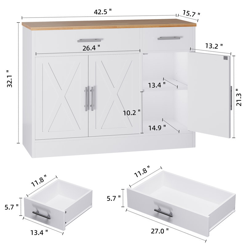 Dennisse 42.5'' Sideboard Buffet Cabinet with 2 Drawers, White