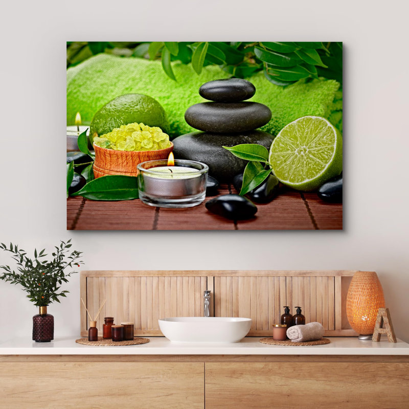 Zen, pierres tropicales, lime, massage, pierres, blanchisserie, photographie de salle de bain, art moderne, H 12 po x l 18 po